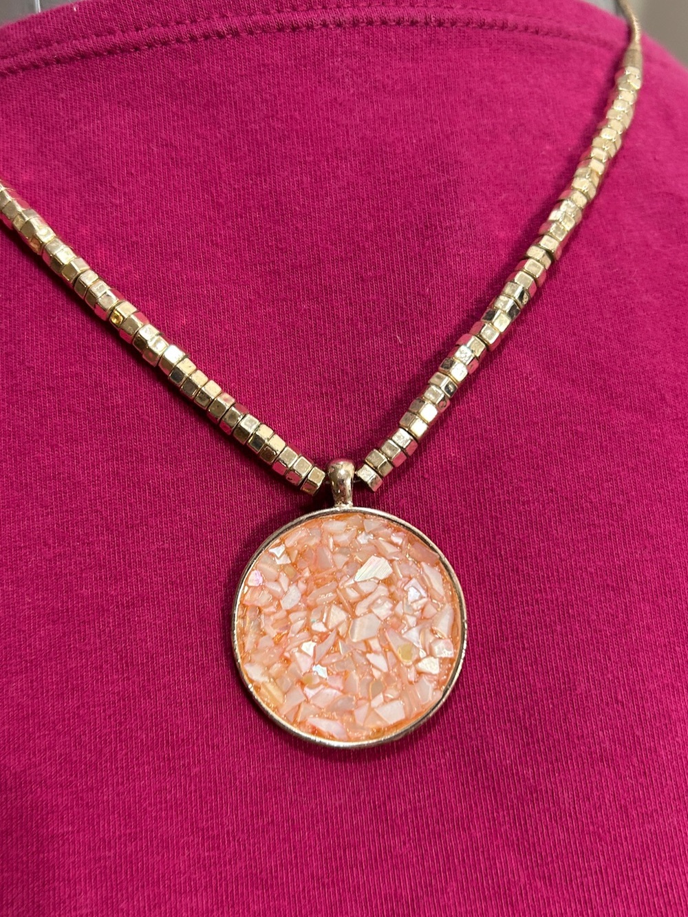Kenneth Cole Gold Necklace with Peach Mosaic Round Pendant